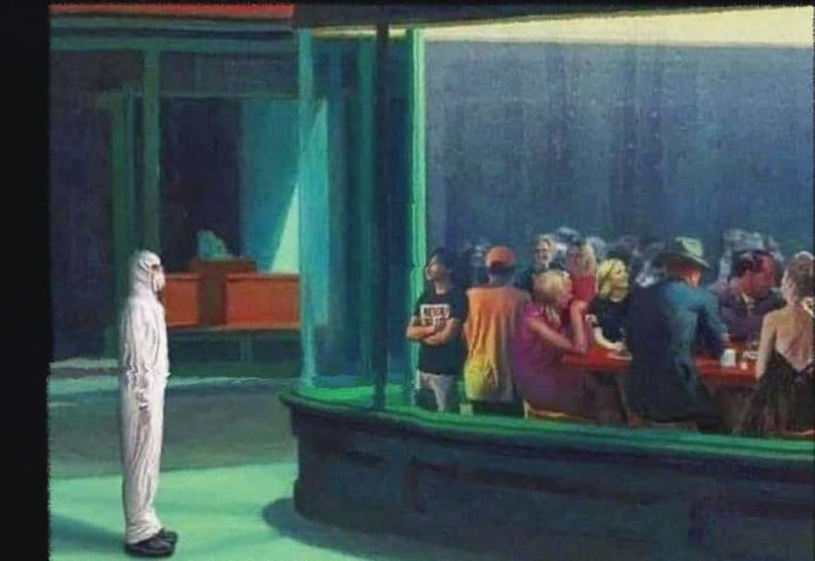 Hopper's Nighthawks with a lone figure outside